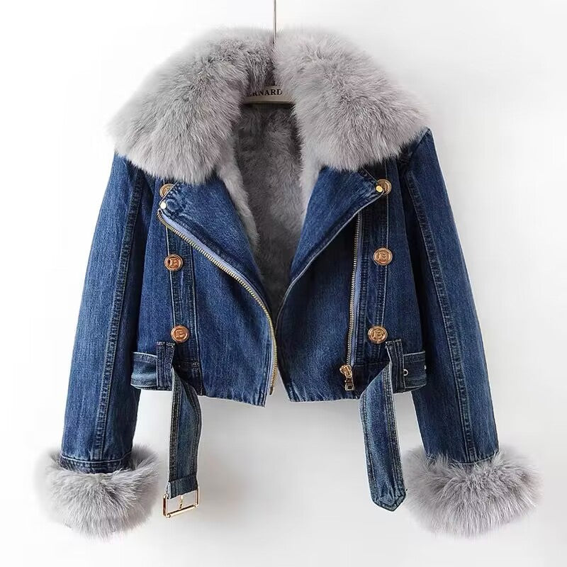 Celeste | Denim motojacket with faux fur